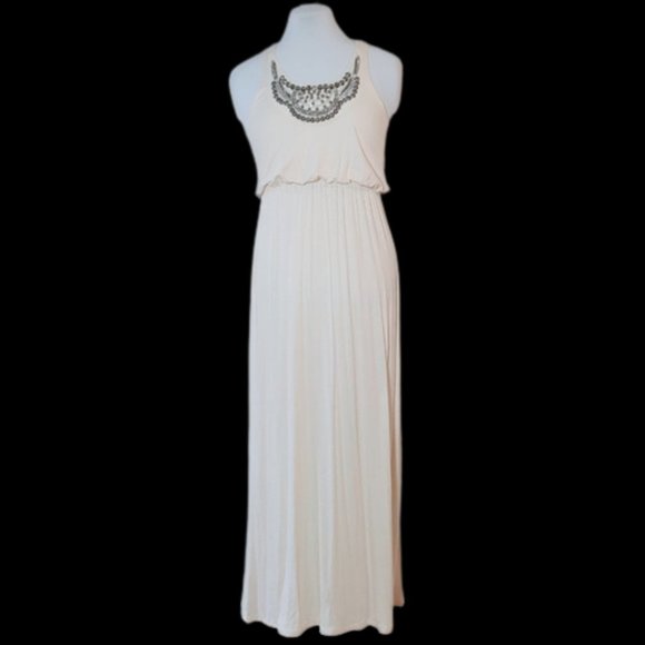 LUSH Ivory Beaded Maxi Dress Gown Size Small - Picture 2 of 5